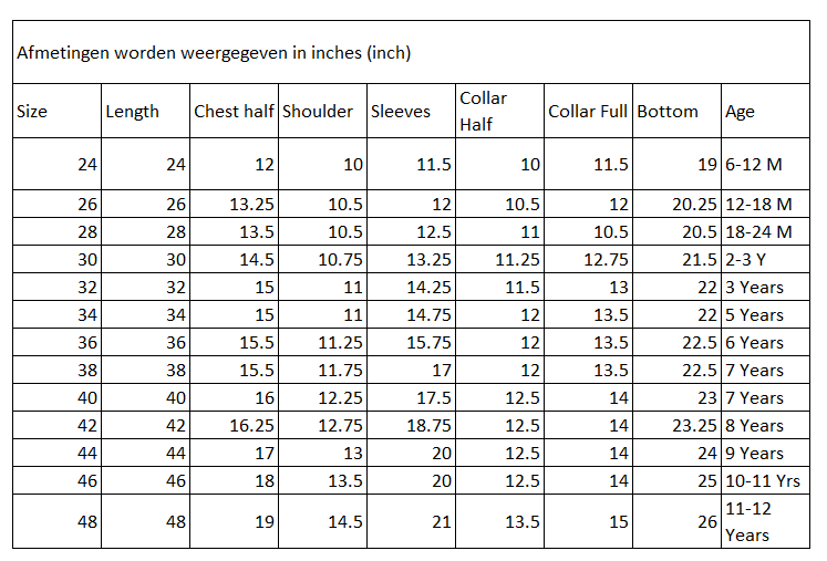Size Chart for Kids Emirati Essential Thobe Beige/Brown