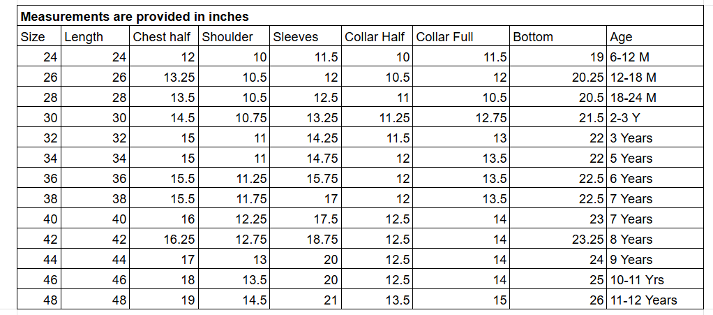 Size Chart for Kids Emirati Essential Thobe White