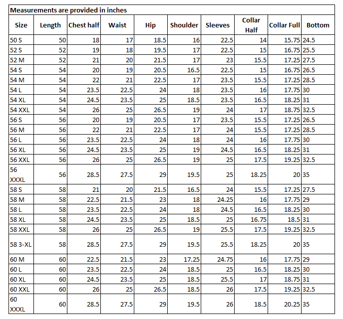 Size Chart for Emirati Essential Thobe Navy Blue