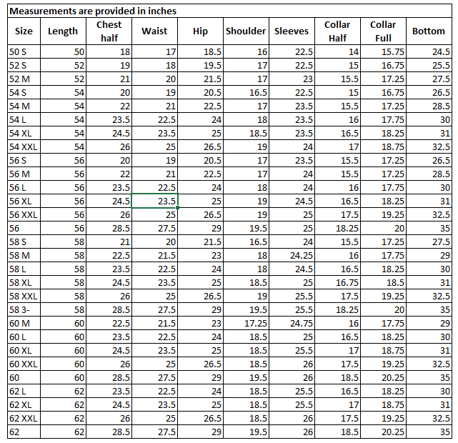 Size Chart for Premium Essential Thobe Navy Blue