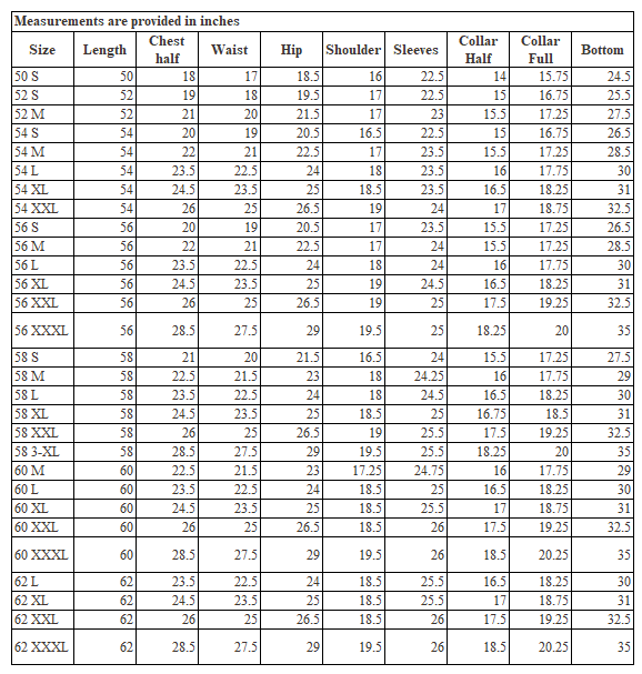 Size Chart for Emirati Essential Thobe White