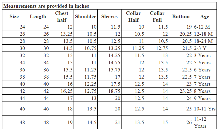 Size Chart for Kids Emirati Essential Thobe Black