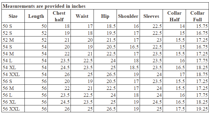 Size Chart for Premium Essential Thobe Black