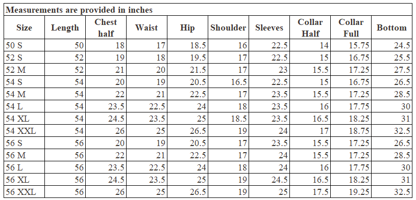 Size Chart for Classic Saudi White Thobe