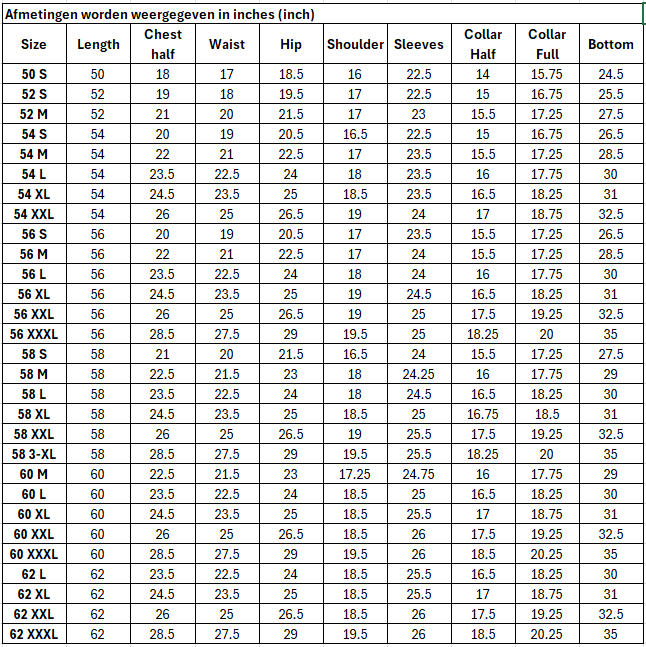 Size Chart for Classic Saudi White Thobe