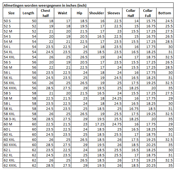Size Chart for Premium Essential Thobe Black