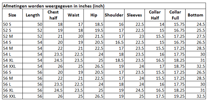 Size Chart for Emirati Essential Thobe White