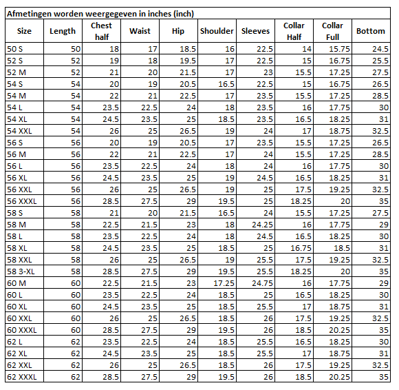 Size Chart for Premium Essential Thobe Navy Blue