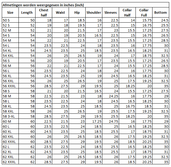 Size Chart for Emirati Essential Thobe Navy Blue