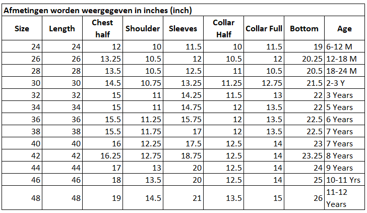 Size Chart for Kids Emirati Essential Thobe White