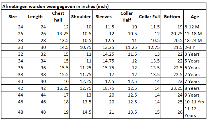 Size Chart for Kids Emirati Essential Thobe Navy Blue