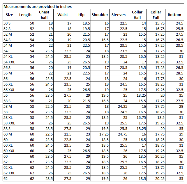 Size Chart for Premium Essential Thobe White